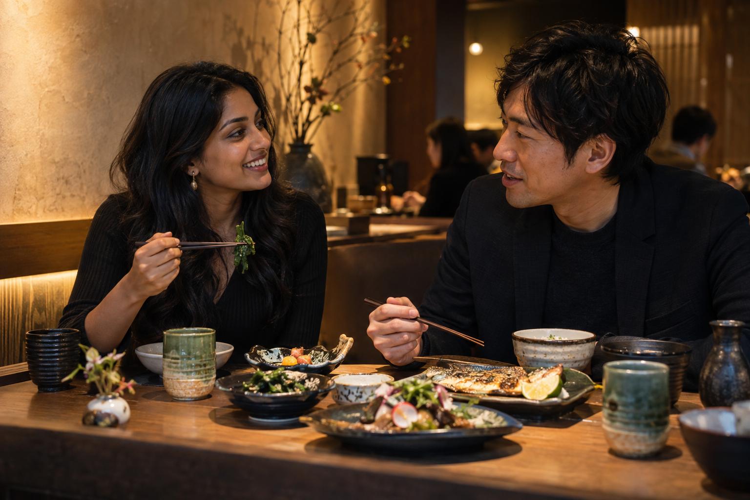 和食を囲んで会話を楽しむふたり