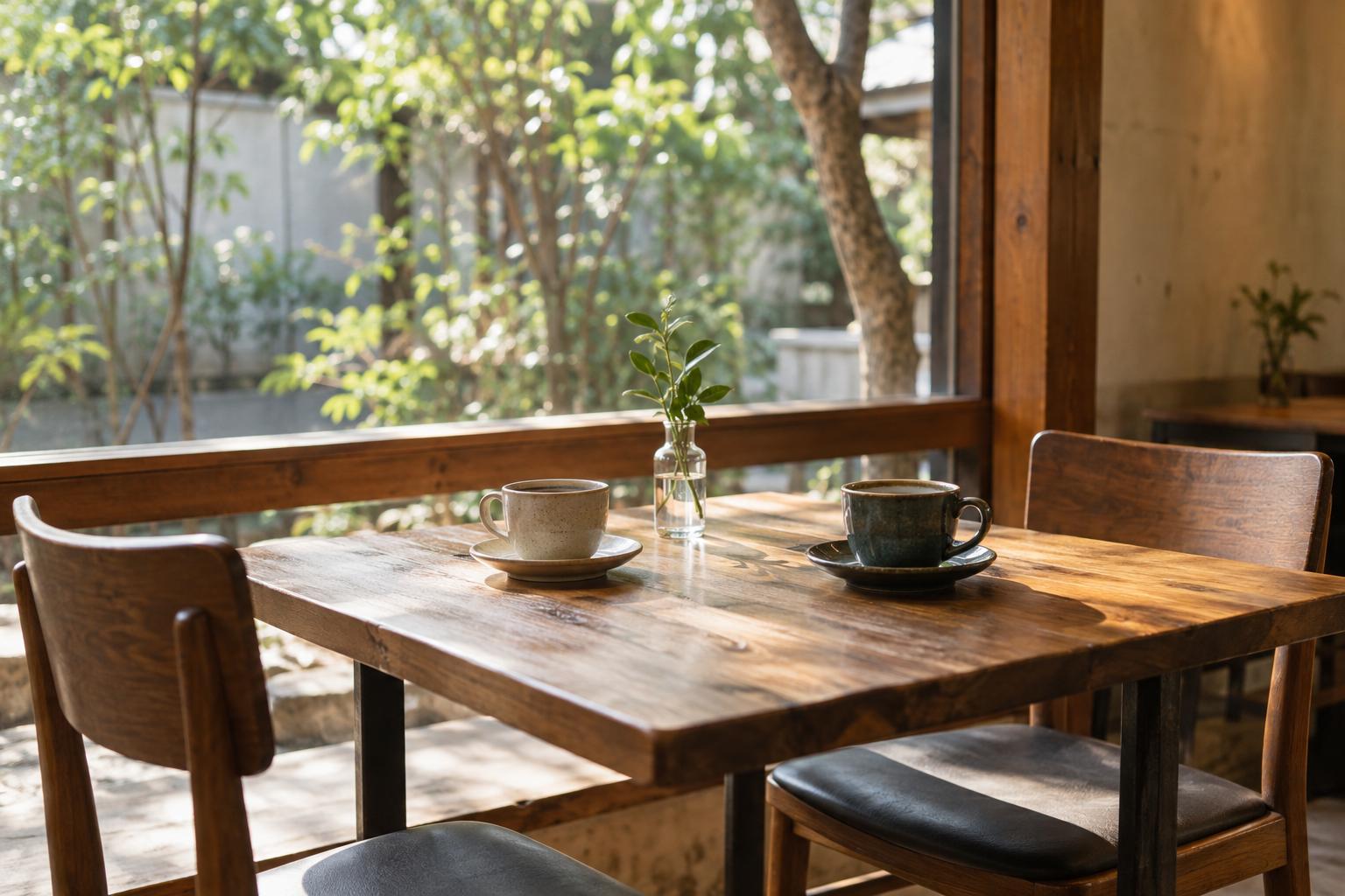 日の差すカフェのテーブルに並ぶ二杯のコーヒー